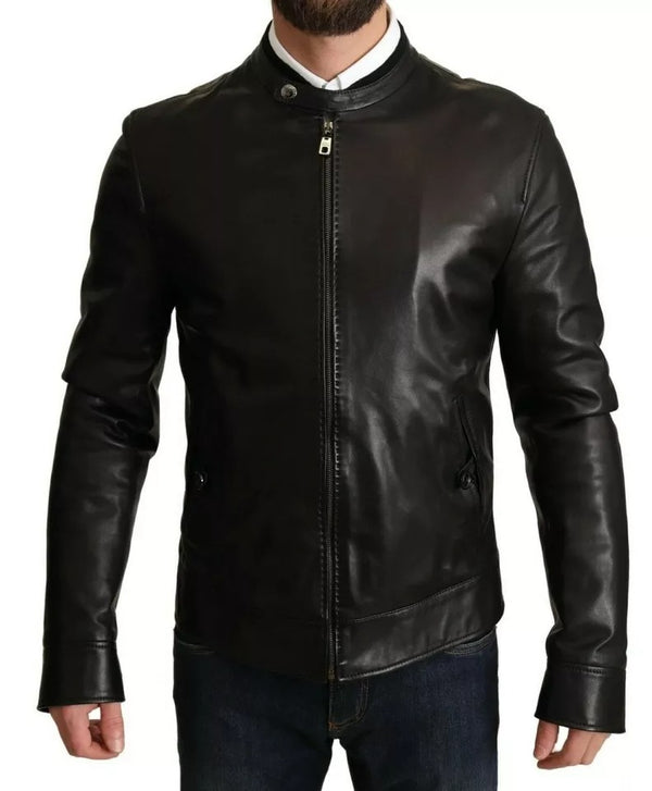 Dolce & Gabbana Black Lamb Leather Biker Coat Jacket