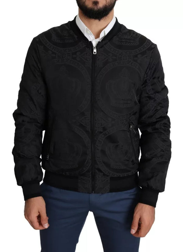 Dolce & Gabbana Black Nylon Crown Print Bomber Full Zip Jacket