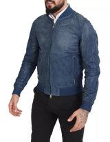 Dolce & Gabbana Blue Leather Perforated Full Zip Jacket