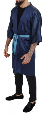 Dolce & Gabbana Blue Satin Silk Waist Belt Robe Jacket