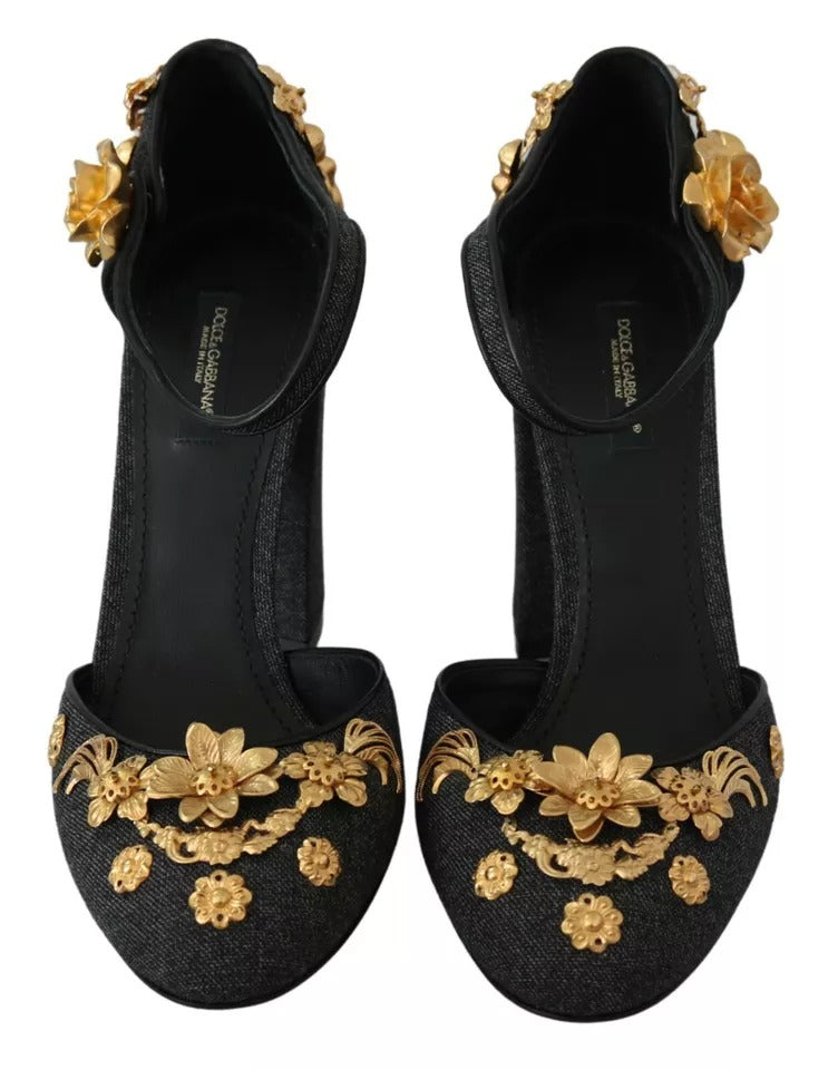 Dolce & Gabbana Black Floral Angel Applique Ankle Strap Pumps Shoes