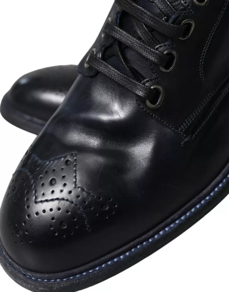 Dolce & Gabbana Navy Blue Leather Lace Up Ankle Boots Shoes