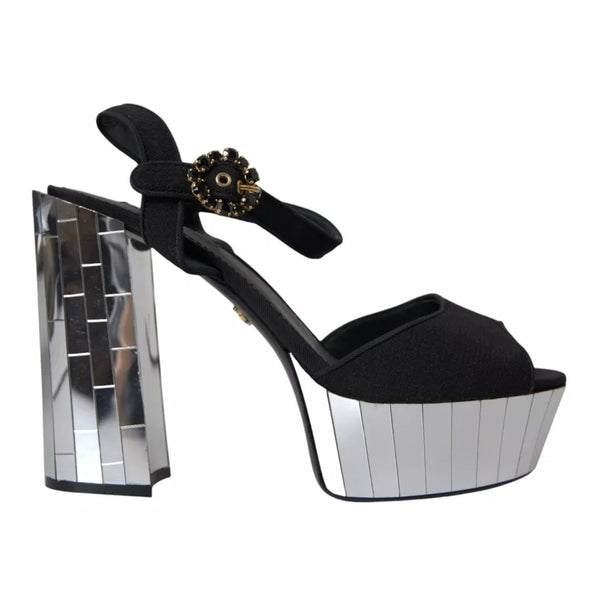 Dolce & Gabbana Black Mirror Heels Crystal Platform Sandals Shoes