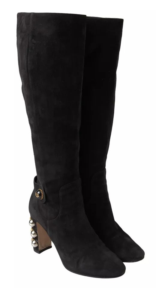 Dolce & Gabbana Black Suede Embellished High Boots Shoes