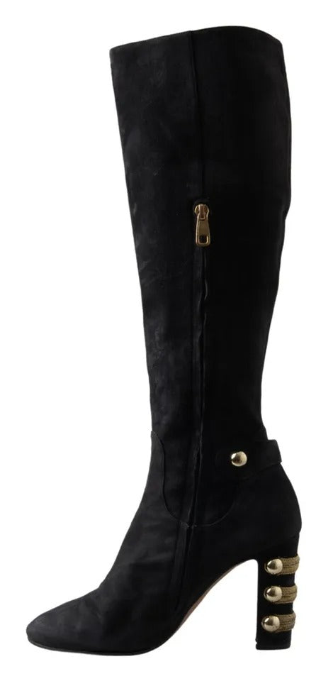 Dolce & Gabbana Black Suede Embellished High Boots Shoes