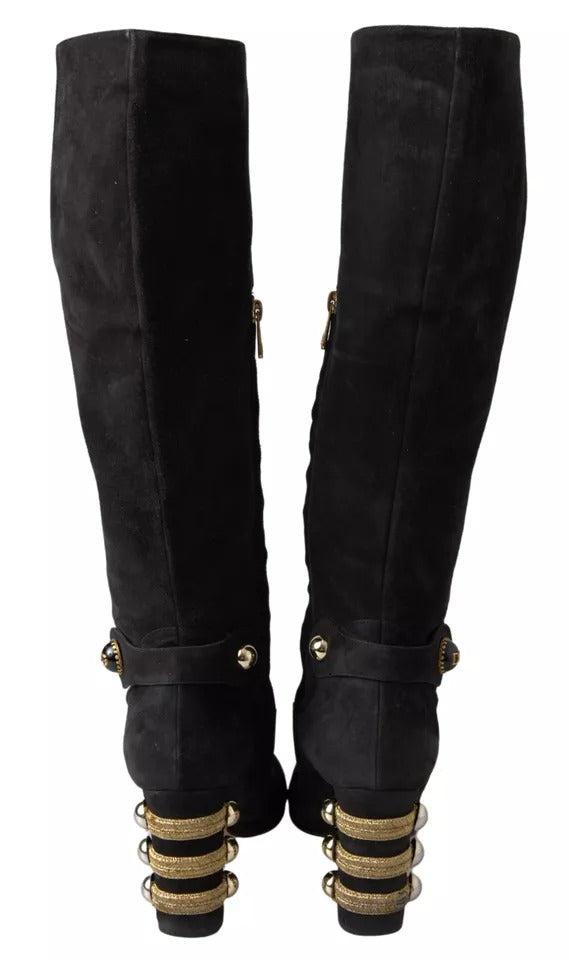 Dolce & Gabbana Black Suede Embellished High Boots Shoes