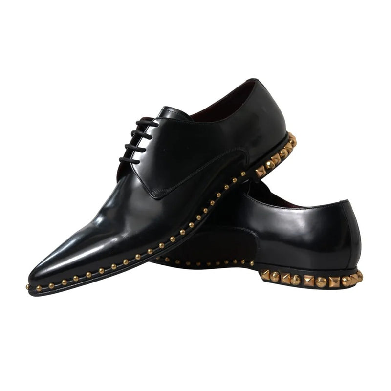 Dolce & Gabbana Black Leather Gold Studded Derby Dress Shoes