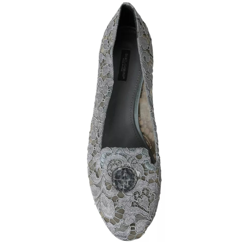 Dolce & Gabbana Gray Taormina Lace Slip On Flats Shoes