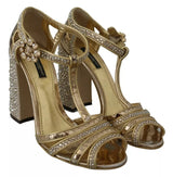 Dolce & Gabbana Gold Crystals T-strap Sandals Leather Shoes