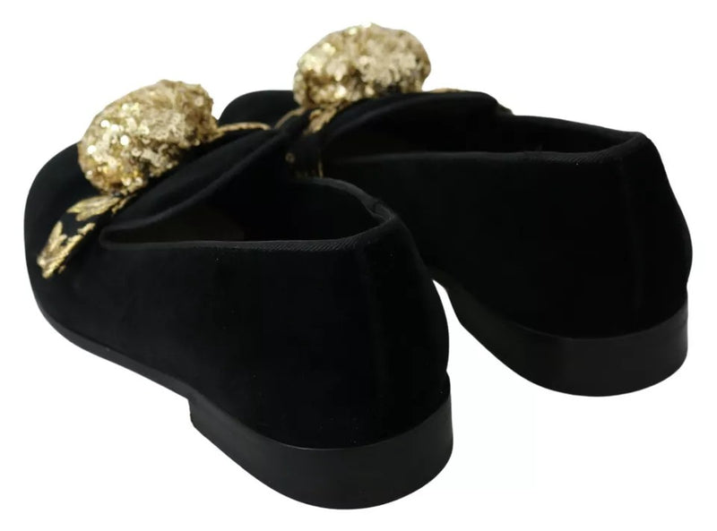 Dolce & Gabbana Black Velvet Gold Sequin Embellished Loafers Shoes