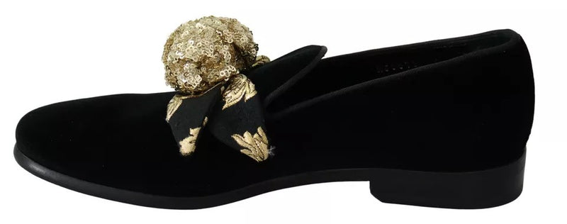 Dolce & Gabbana Black Velvet Gold Sequin Embellished Loafers Shoes