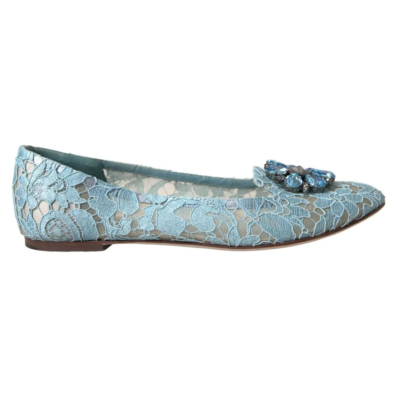 Dolce & Gabbana Blue Lace Crystal Ballet Loafers Shoes