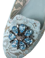 Dolce & Gabbana Blue Lace Crystal Ballet Loafers Shoes