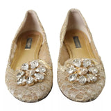 Dolce & Gabbana Gold Lace Crystal Ballet Loafers Shoes