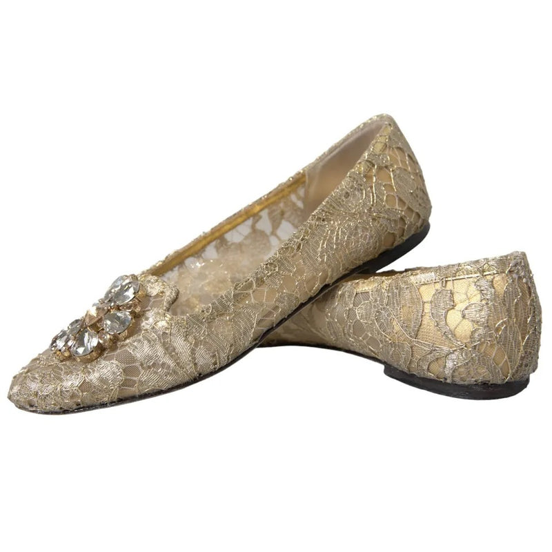 Dolce & Gabbana Gold Lace Crystal Ballet Loafers Shoes