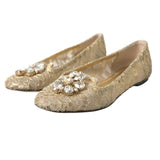 Dolce & Gabbana Gold Lace Crystal Ballet Loafers Shoes