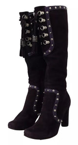 Dolce & Gabbana Purple Suede Leather Studded High Boots Shoes