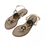 Dolce & Gabbana Beige Satin Gold Beaded Flats Slides Sandals Shoes