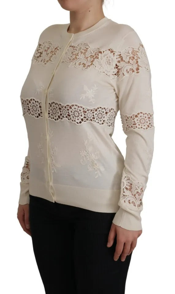 Dolce & Gabbana Off White Lace Button Down Cardigan Sweater