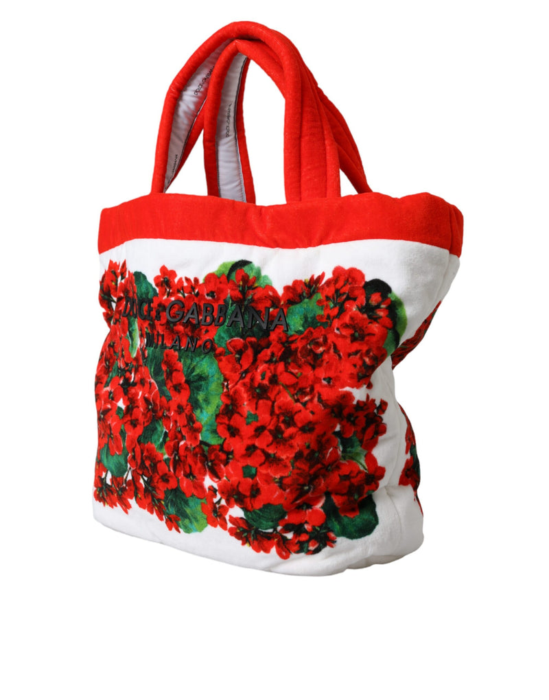 Dolce & Gabbana White Red Floral Canvas Logo Shopping Tote Bag