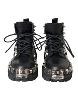 Dolce & Gabbana Black Leather Studs Embellished Combat Boots Shoes