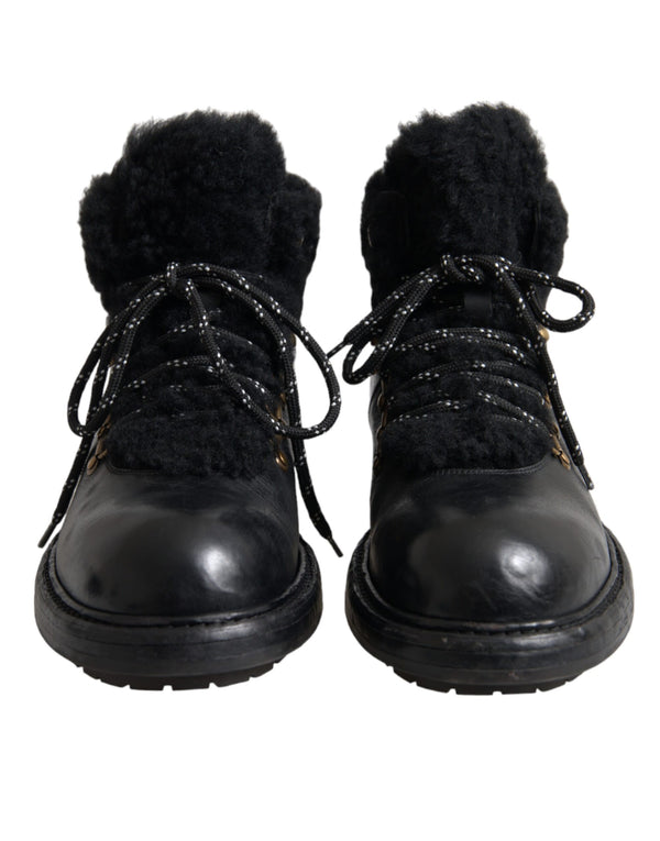 Dolce & Gabbana Black Leather Bernini Shearling Boots Shoes