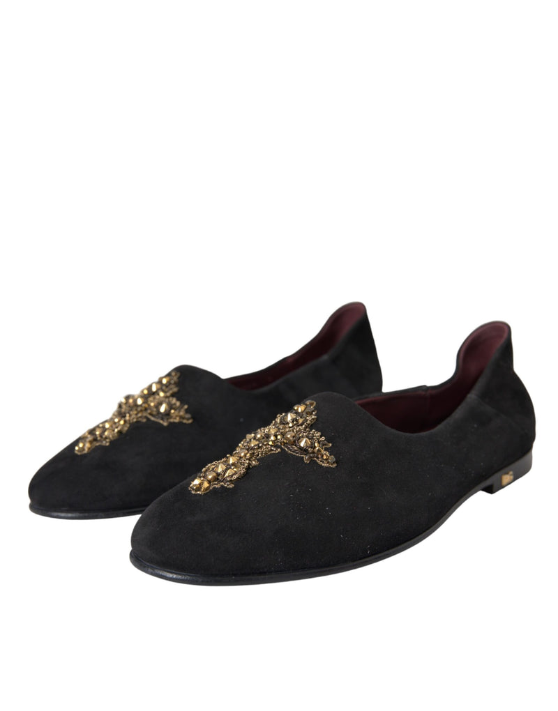 Dolce & Gabbana Black Suede Gold Cross Slip On Loafer Shoes