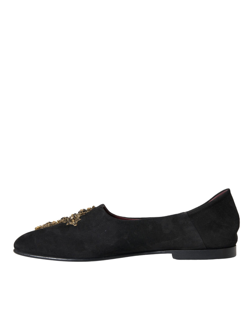 Dolce & Gabbana Black Suede Gold Cross Slip On Loafer Shoes