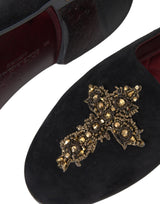 Dolce & Gabbana Black Suede Gold Cross Slip On Loafer Shoes