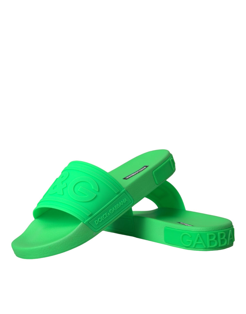 Dolce & Gabbana Green Leather Slides Sandals Beachwear Shoes