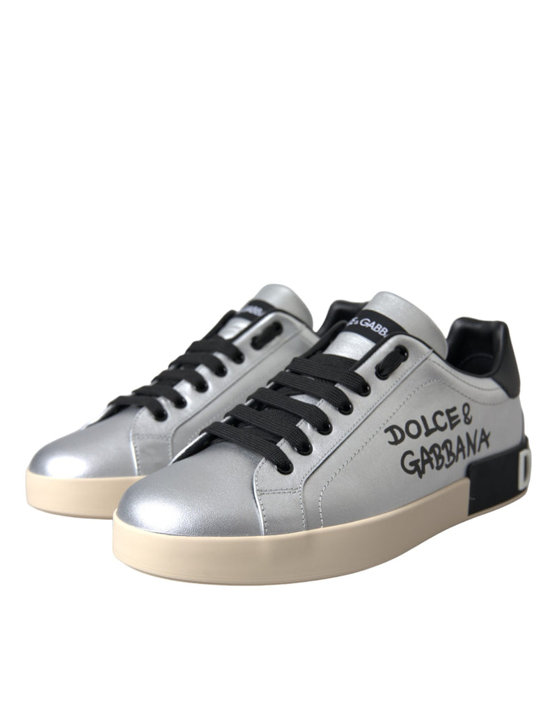 Dolce & Gabbana Silver Portofino Calf Leather Sneakers Men Shoes