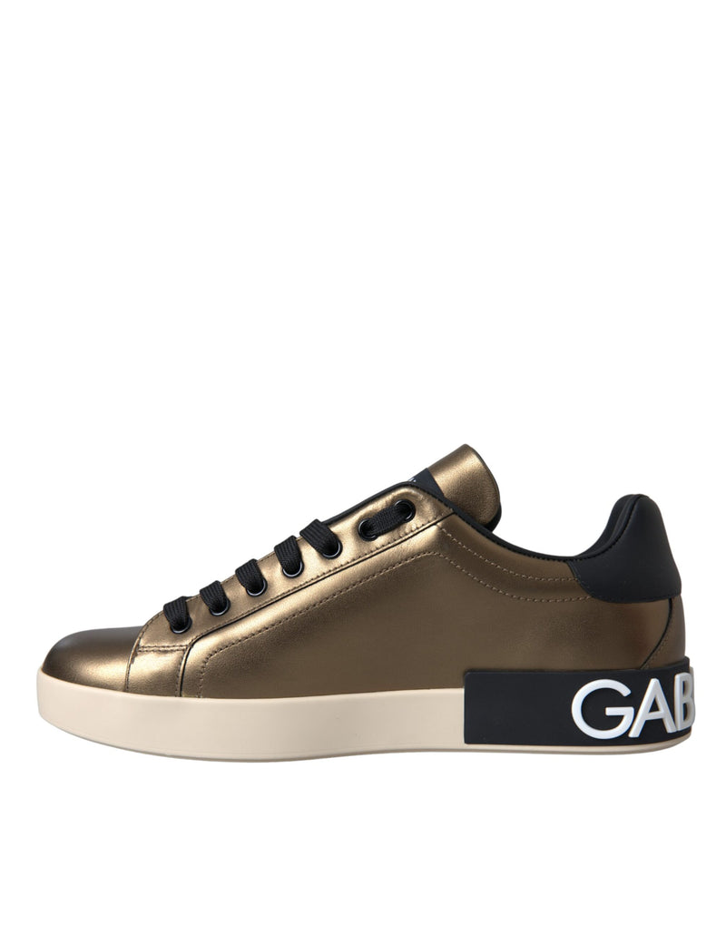 Dolce & Gabbana Gold Black Portofino Calf Leather Sneakers Shoes