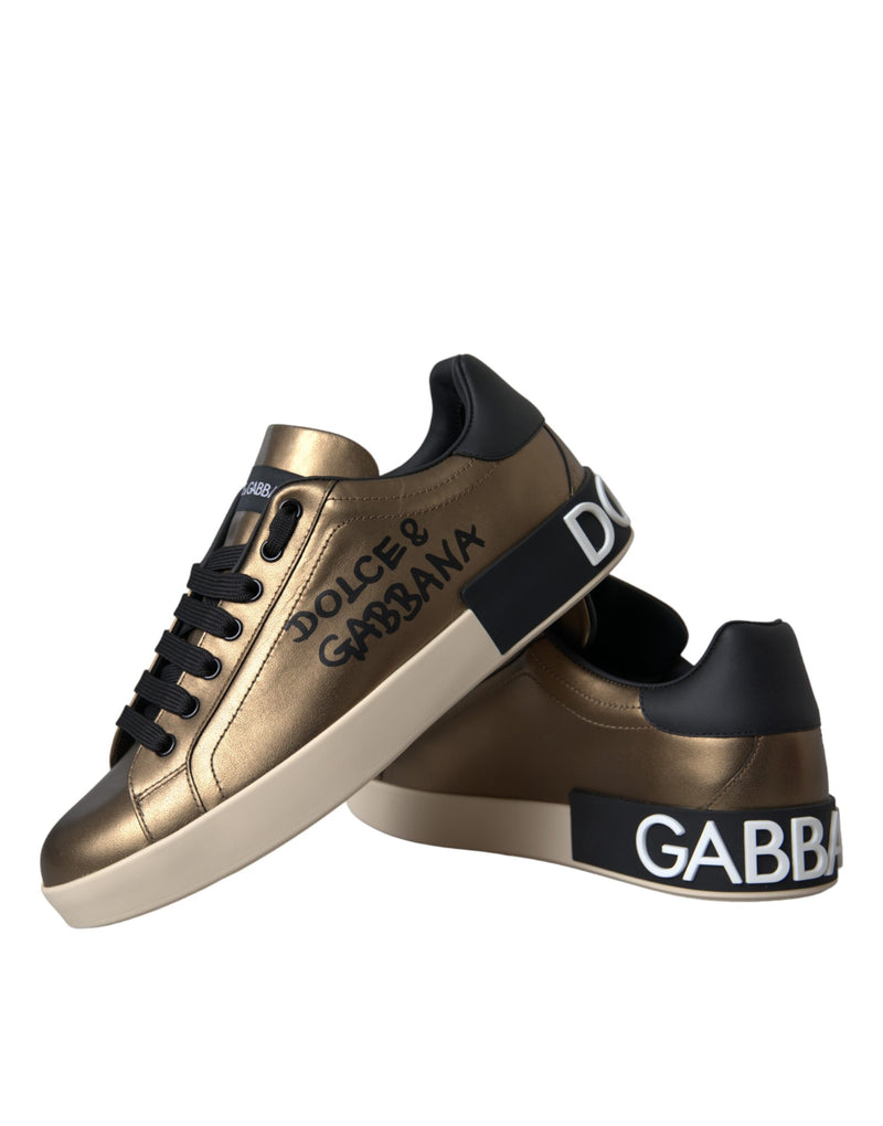 Dolce & Gabbana Gold Black Portofino Calf Leather Sneakers Shoes