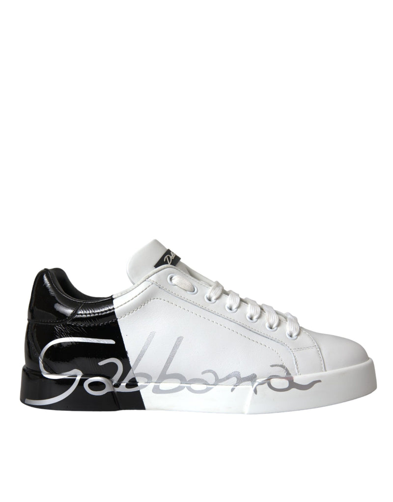 Dolce & Gabbana White Black Leather Logo Low Top Sneakers Shoes