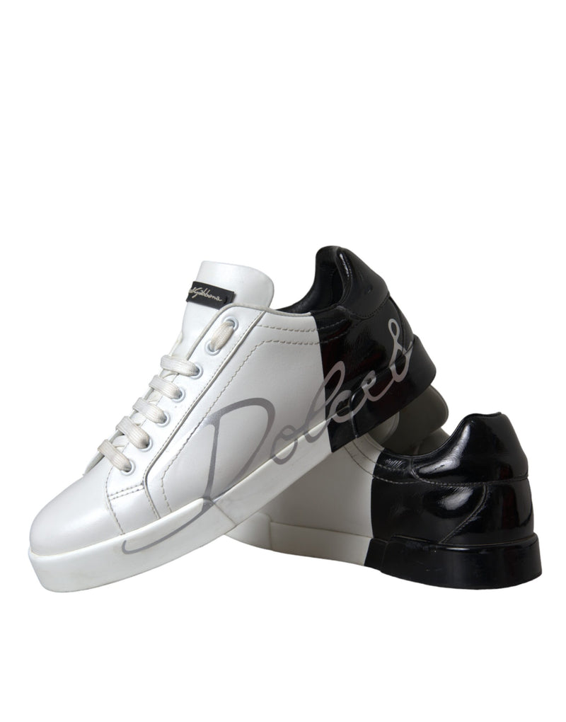 Dolce & Gabbana White Black Leather Logo Low Top Sneakers Shoes