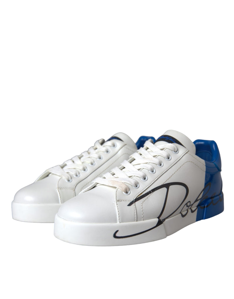 Dolce & Gabbana White Blue Leather Logo Low Top Sneakers Men Shoes