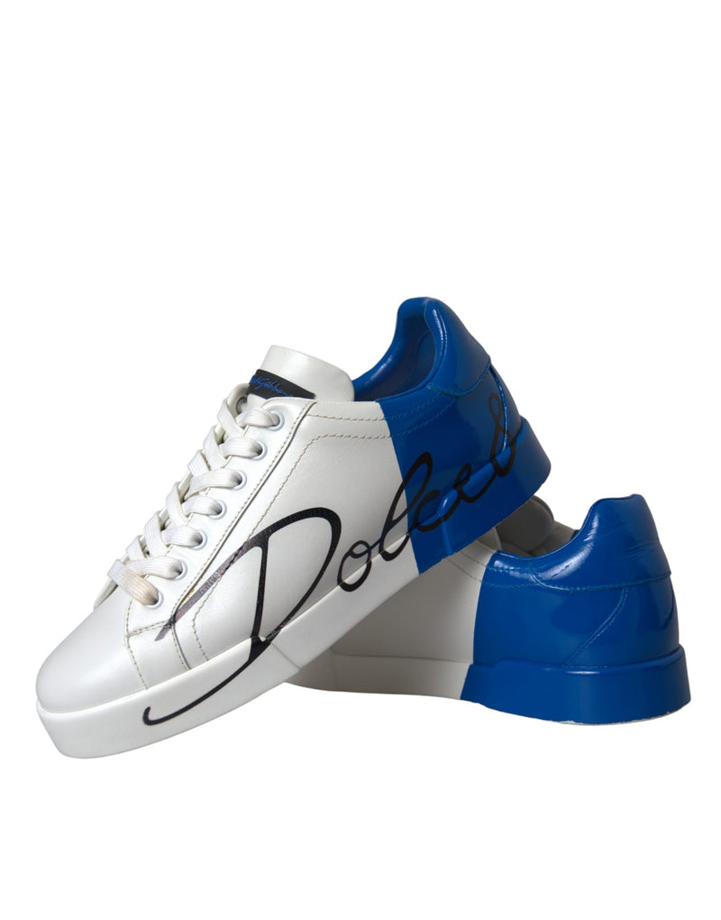 Dolce & Gabbana White Blue Leather Logo Low Top Sneakers Men Shoes