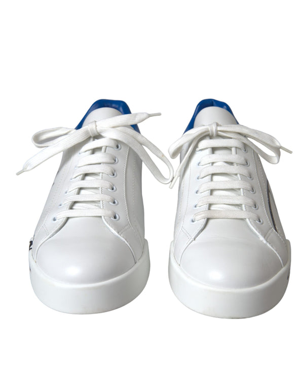 Dolce & Gabbana White Blue Leather Logo Low Top Sneakers Men Shoes