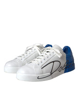 Dolce & Gabbana White Blue Leather Logo Low Top Sneakers Men Shoes