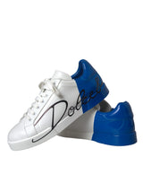 Dolce & Gabbana White Blue Leather Logo Low Top Sneakers Men Shoes