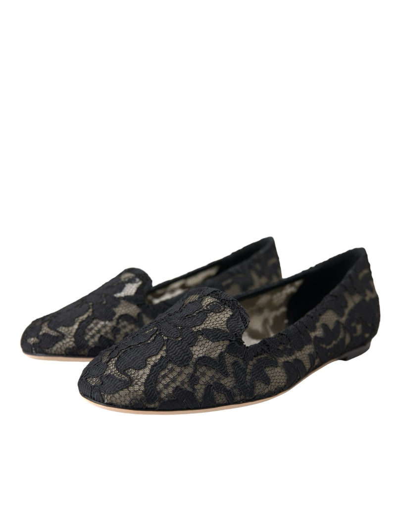 Dolce & Gabbana Black Floral Taormina Lace Loafer Flat Shoes