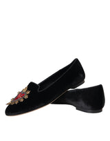 Dolce & Gabbana Black Velvet DG Heart Loafers Flats Shoes