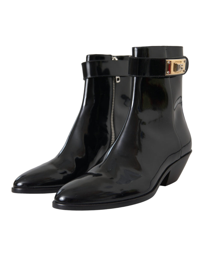 Dolce & Gabbana Black Logo Appliqué Leather Ankle Boots Shoes