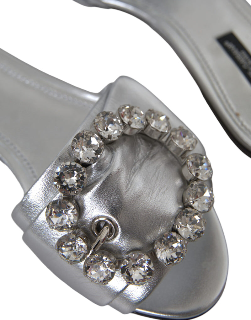 Dolce & Gabbana Silver Crystal Leather Flats Sandals Shoes