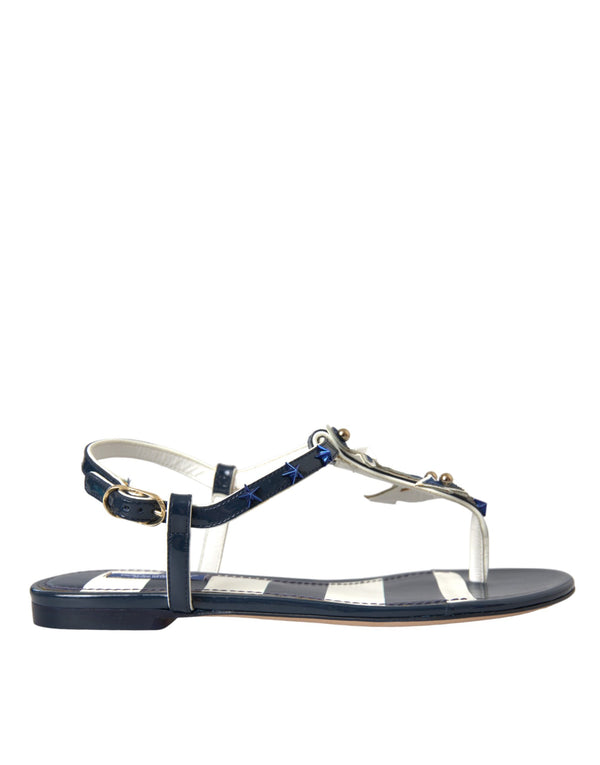 Dolce & Gabbana Blue Stripes Leather Studded Flats Sandals Shoes