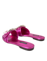 Dolce & Gabbana Fuchsia Crystal Leather Flats Sandals Shoes