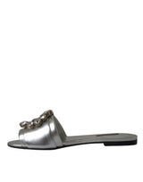 Dolce & Gabbana Silver Crystal Leather Flats Sandals Shoes