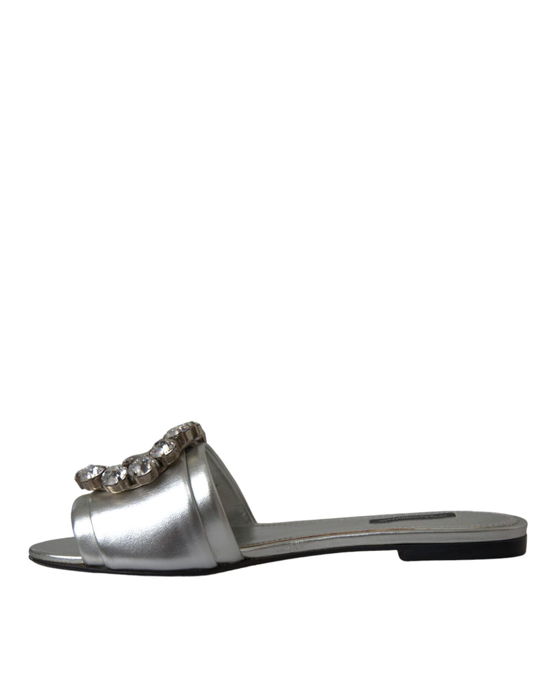 Dolce & Gabbana Silver Crystal Leather Flats Sandals Shoes