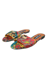 Dolce & Gabbana Multicolor Floral Brocade Logo Flats Sandals Shoes