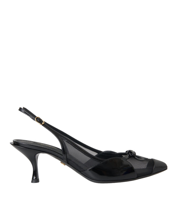 Dolce & Gabbana Black Leather Mesh High Heels Slingback Shoes